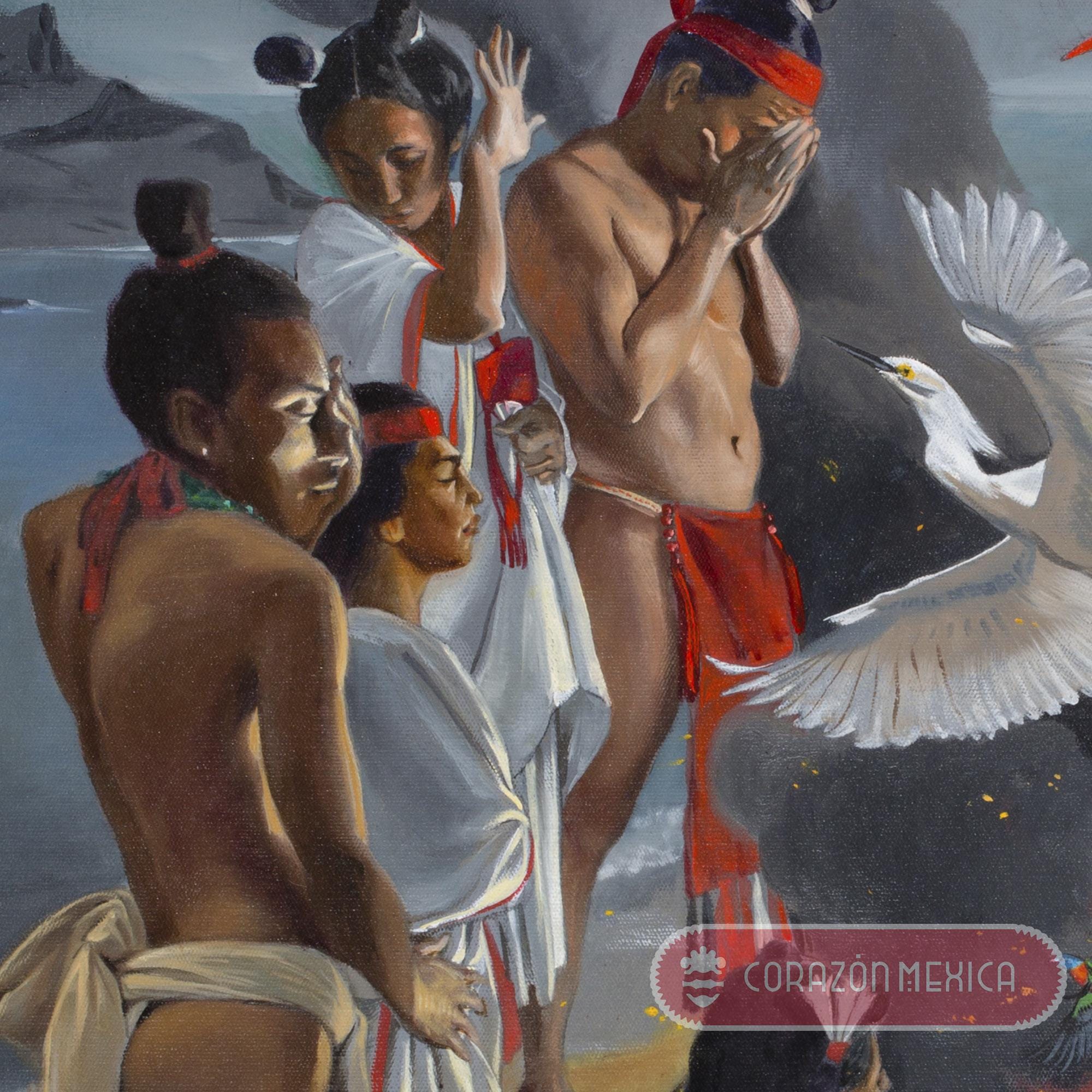 ケツァルコアトルの死。 油絵、メキシコ (アステカ) 神聖な物語