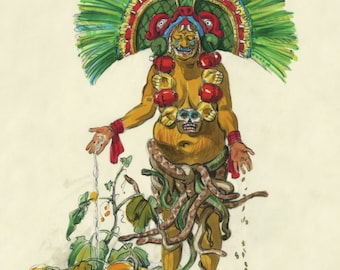 Coatlicue Sembradora - Mexica (Aztec) art, Cihuacoatl, earth goddess, indigenous, native-american, Mexican, watercolor painting