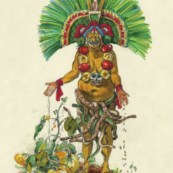 Coatlicue Sembradora - Mexica (Aztec) art, Cihuacoatl, earth goddess, indigenous, native-american, Mexican, watercolor painting