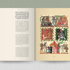 May include: Open book with text and illustrations. The left page has text in a serif font. The right page features four colorful illustrations with figures and symbols, framed in green and red. The text on the left page reads "INIC MACUILLI TONATIUH ITLACATILIZ EL NACIMIENTO DEL QUINTO SOL THE BIRTH OF THE FIFTH SUN."