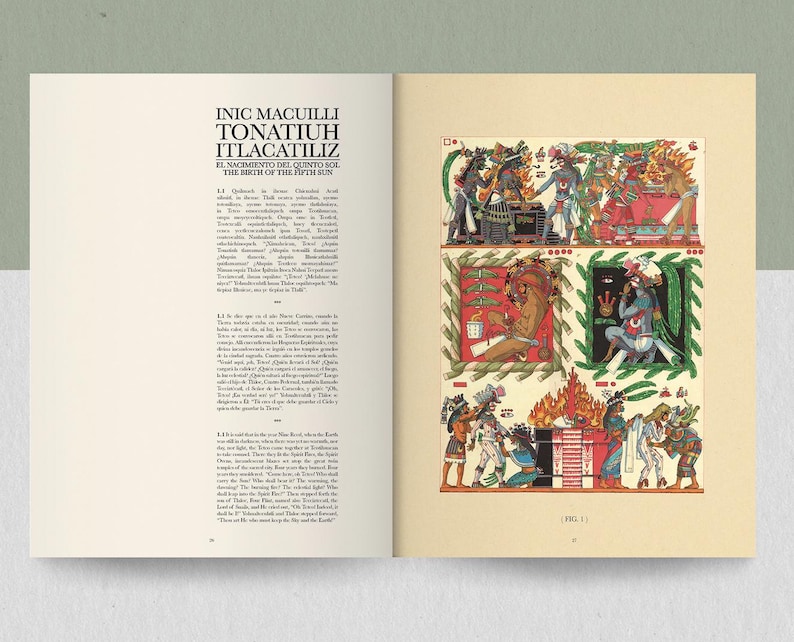 May include: Open book with text and illustrations. The left page has text in a serif font. The right page features four colorful illustrations with figures and symbols, framed in green and red. The text on the left page reads "INIC MACUILLI TONATIUH ITLACATILIZ EL NACIMIENTO DEL QUINTO SOL THE BIRTH OF THE FIFTH SUN."