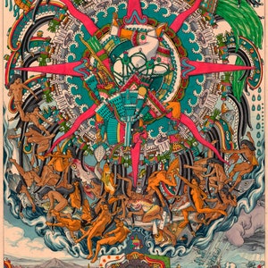 Puede incluir: Una ilustración colorida y detallada de un sol estilizado con una figura central rodeada de figuras en un patrón circular. El sol tiene un esquema de color rojo, rosa y azul con detalles intrincados. Las figuras están desnudas y parecen estar interactuando entre sí. La ilustración se coloca sobre un fondo de olas azules y blancas. El texto "CORAZÓN MÉXICO" es visible en la esquina inferior derecha.