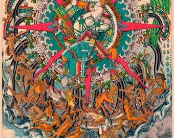 Pode incluir: Uma ilustração colorida e detalhada de um sol estilizado com uma figura central cercada por figuras em um padrão circular. O sol tem um esquema de cores vermelho, rosa e azul com detalhes intrincados. As figuras estão nuas e parecem estar interagindo umas com as outras. A ilustração é colocada sobre um fundo de ondas azuis e brancas. O texto "CORAZÓN MÉXICO" é visível no canto inferior direito.