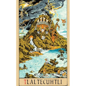 May include: A rectangular card featuring a detailed illustration of the deity Tlaltecuhtli integrated into a mountain landscape with a river, figures, and stormy skies. The text TLALTECUHTLI is printed in black and red at the bottom of the card.