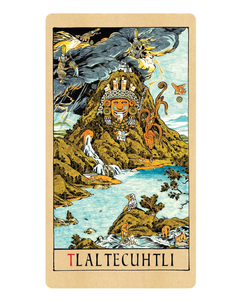 May include: A rectangular card featuring a detailed illustration of the deity Tlaltecuhtli integrated into a mountain landscape with a river, figures, and stormy skies. The text TLALTECUHTLI is printed in black and red at the bottom of the card.
