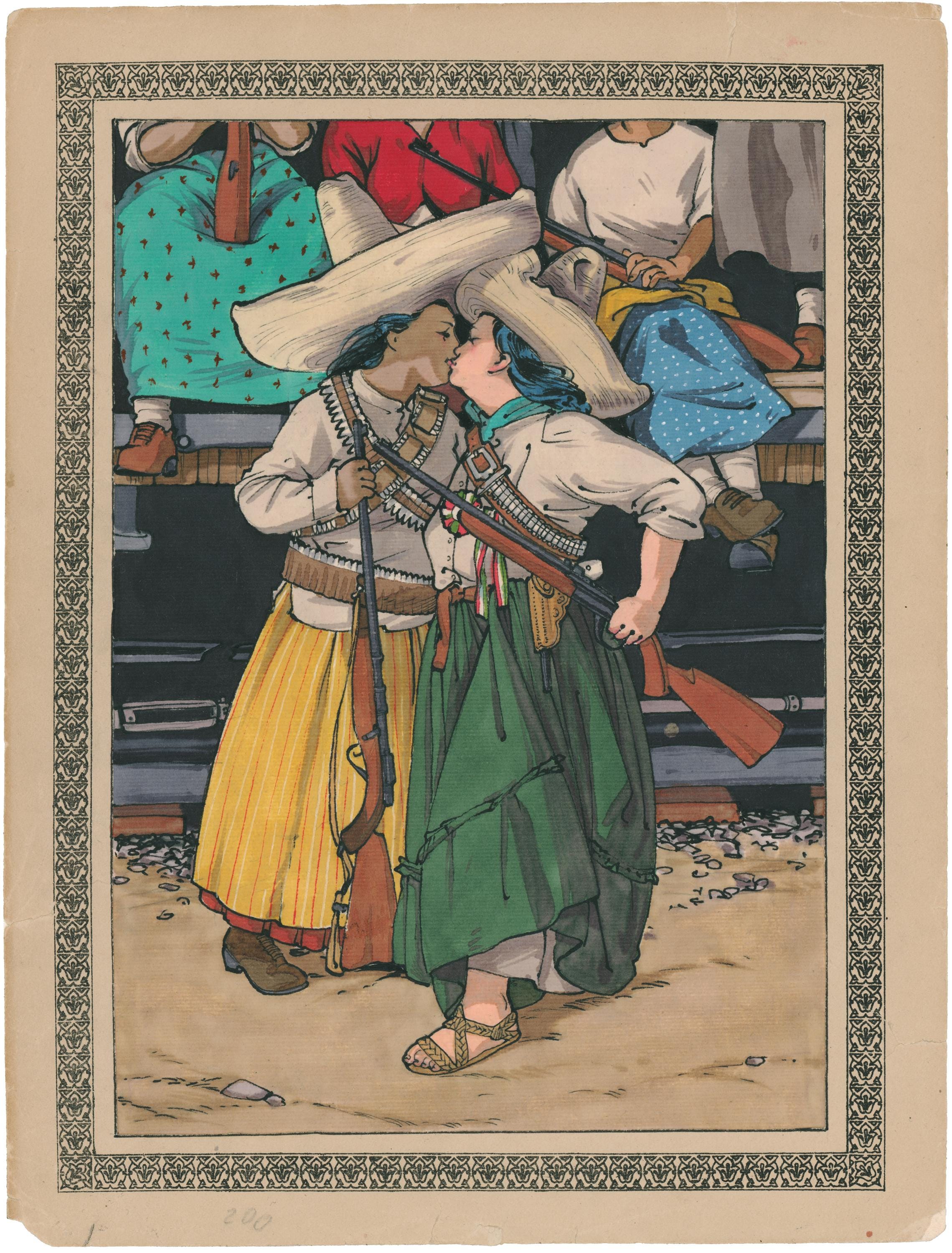 Las Adelitas- a queer, lesbian painting of Mexican revolutionaries. gay, watercolor, art, Indigenous, Two-Spirit, LGBTQ, QueerPOC