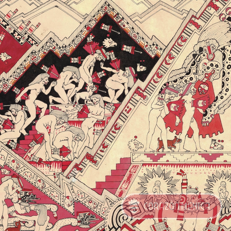 The nine levels of Mictlán. Mexica (Aztec) Underworld, Land of the Dead, Sacred Narrative, Mictlantecuhtli, Mictecacihuatl. Mexican heart. image 2