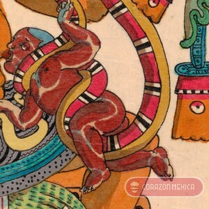 May include: A detailed illustration of a red and black snake wrapped around a nude figure. The figure is depicted with a red and black striped pattern on its body. The illustration is set against a white background.