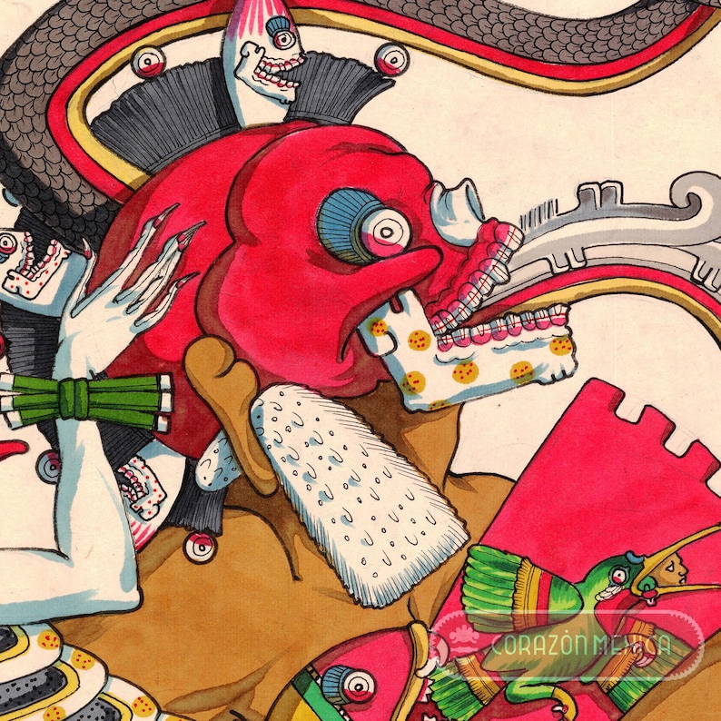 Puede incluir: Una ilustraci&oacute;n colorida de una calavera roja con una gran boca abierta y una lengua blanca. La calavera tiene un ojo grande azul y un ojo amarillo m&aacute;s peque&ntilde;o. La calavera est&aacute; rodeada de otras calaveras m&aacute;s peque&ntilde;as y una serpiente con un cuerpo amarillo y rojo.
