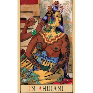 May include: A rectangular tarot card featuring an illustration of a person with long dark hair, wearing a floral headpiece and a yellow skirt, being painted by another hand. The card includes the text IN AHUIANI at the bottom in black and red.