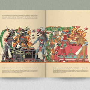 May include: A detailed illustration from a book depicting a scene with several figures in colorful attire, possibly representing a historical or mythological event. The figures are surrounded by flames and intricate patterns, with text at the top and bottom of the image.