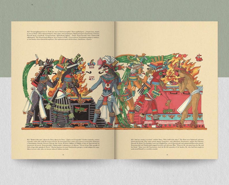 May include: A detailed illustration from a book depicting a scene with several figures in colorful attire, possibly representing a historical or mythological event. The figures are surrounded by flames and intricate patterns, with text at the top and bottom of the image.