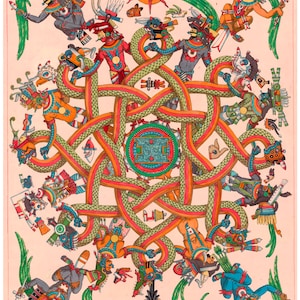 May include: A colorful illustration featuring stylized figures in traditional attire, intertwined with green and orange serpent-like patterns. The artwork has a central circular design and the text "CORAZÓN MEXICA" at the bottom.