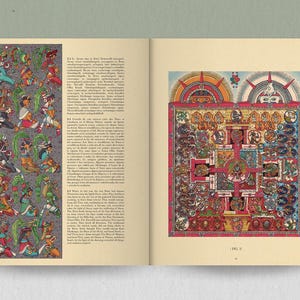 May include: Open book with two pages featuring colorful illustrations. The left page displays a vertical panel of figures in various poses, with green headdresses and colorful clothing. The right page shows a detailed, multi-colored diagram with a central cross design.