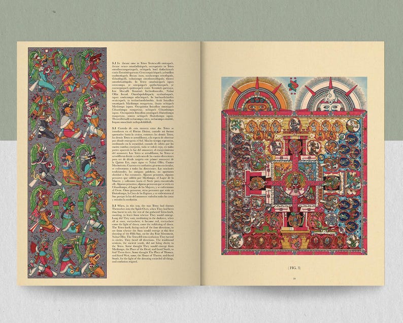 May include: Open book with two pages featuring colorful illustrations. The left page displays a vertical panel of figures in various poses, with green headdresses and colorful clothing. The right page shows a detailed, multi-colored diagram with a central cross design.