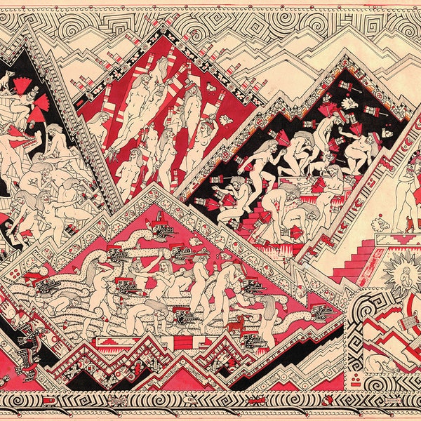 Könnte beinhalten: Detaillierte Illustration mit einer Reihe von dreieckigen Tafeln, die Szenen mit Figuren in Rot, Schwarz und Weiß darstellen. Das Kunstwerk hat einen dekorativen Rand und enthält den Text "CORAZÓN MEXICA".