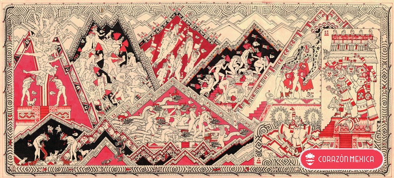 The nine levels of Mictlán. Mexica (Aztec) Underworld, Land of the Dead, Sacred Narrative, Mictlantecuhtli, Mictecacihuatl. Mexican heart. image 1
