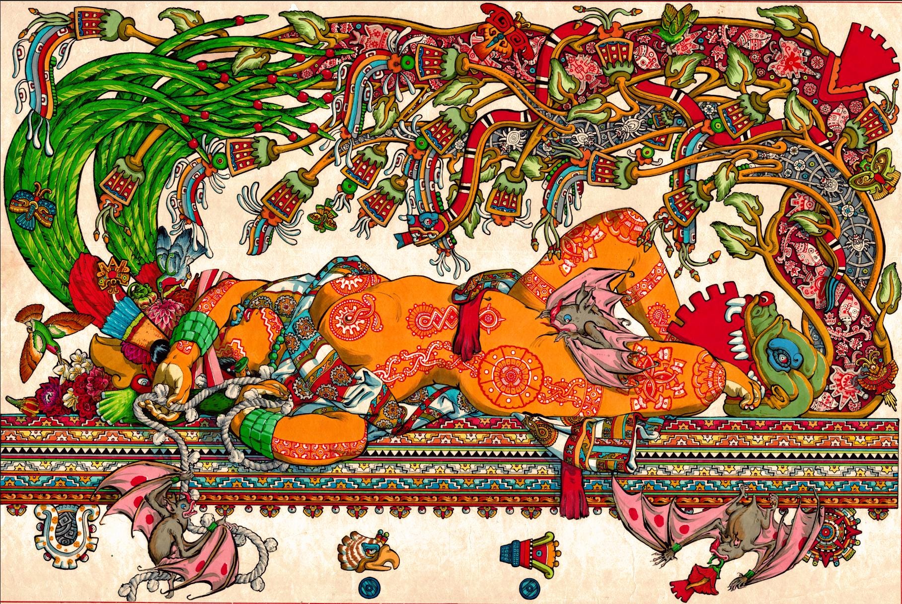 Xochiquetzal and the Bat, Aztec Mexica Myth, Art, Bat, Nahuatl