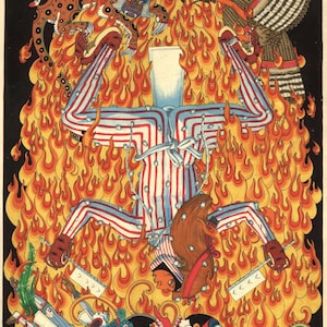 May include: A vibrant illustration featuring a figure engulfed in flames, wearing red and blue striped clothing. The artwork includes various mythical creatures and symbols, with a fiery background and a black border.