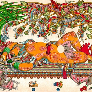 Puede incluir: Una ilustración colorida de una figura reclinada con una cabeza de serpiente verde y un cuerpo cubierto de intrincados patrones. La figura está rodeada de flores, vides y otros elementos decorativos.