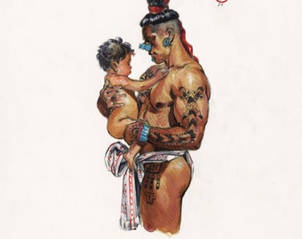 May include: A muscular man with tattoos and elaborate headdress holds a small child in his arms. The man is wearing a white loincloth with red and white patterns. The child is wearing a blue beaded necklace.