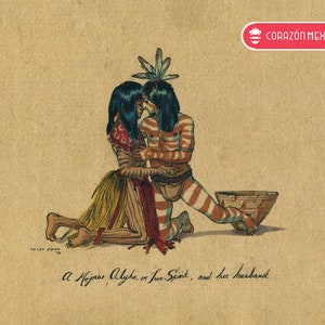 Könnte beinhalten: Eine handgezeichnete Illustration eines Paares in traditioneller Kleidung. Die Frau trägt einen gelben und roten Rock und der Mann trägt einen gestreiften Lendenschurz. Das Paar kniet und umarmt sich. Das Bild ist mit "A Mojave Alyha, or Love Spirit, and her husband." beschriftet.