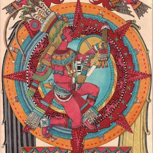 May include: Colorful illustration of a figure in traditional attire, set against a circular backdrop with geometric patterns. The artwork features vibrant reds, blues, and oranges, with detailed depictions of birds and symbolic elements.