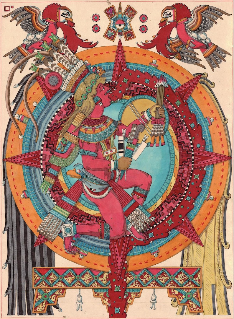 May include: Colorful illustration of a figure in traditional attire, set against a circular backdrop with geometric patterns. The artwork features vibrant reds, blues, and oranges, with detailed depictions of birds and symbolic elements.