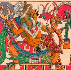 May include: A colorful illustration of a deity with a feathered headdress, holding a serpent with a monkey on its back. The deity is wearing a red and blue skirt and has a large, round shield behind it.