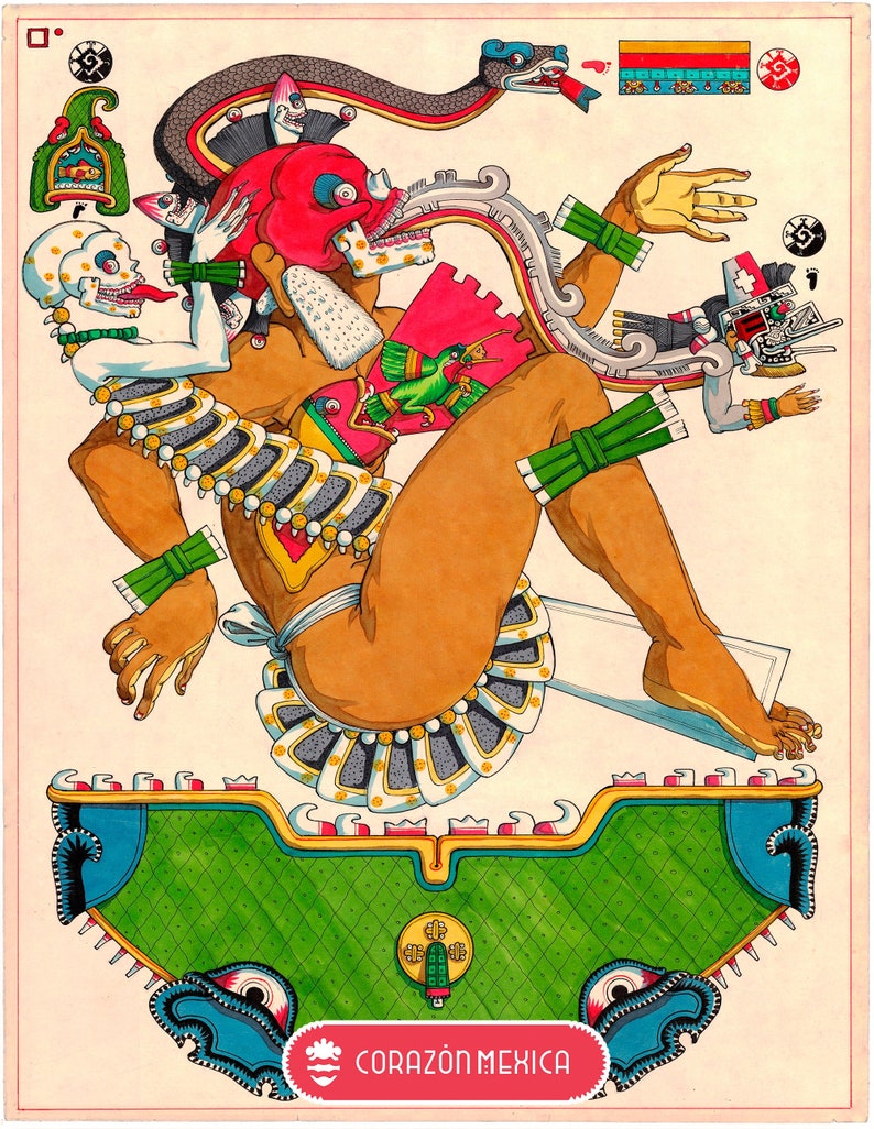 Puede incluir: Una ilustraci&oacute;n colorida de una deidad con una calavera roja, una serpiente y un p&aacute;jaro verde. La deidad lleva una falda blanca y dorada y tiene un fondo verde y azul. La imagen est&aacute; titulada "Coraz&oacute;n M&eacute;xico".