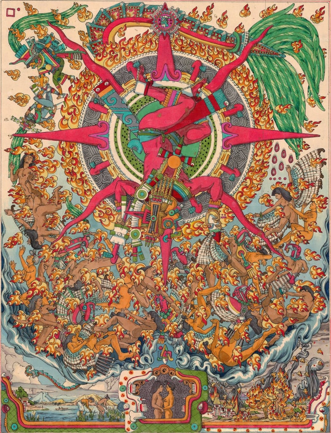 The Third Sun, Nahui Quiahuitl, Mexica aztec Spiritual Art, Mexico