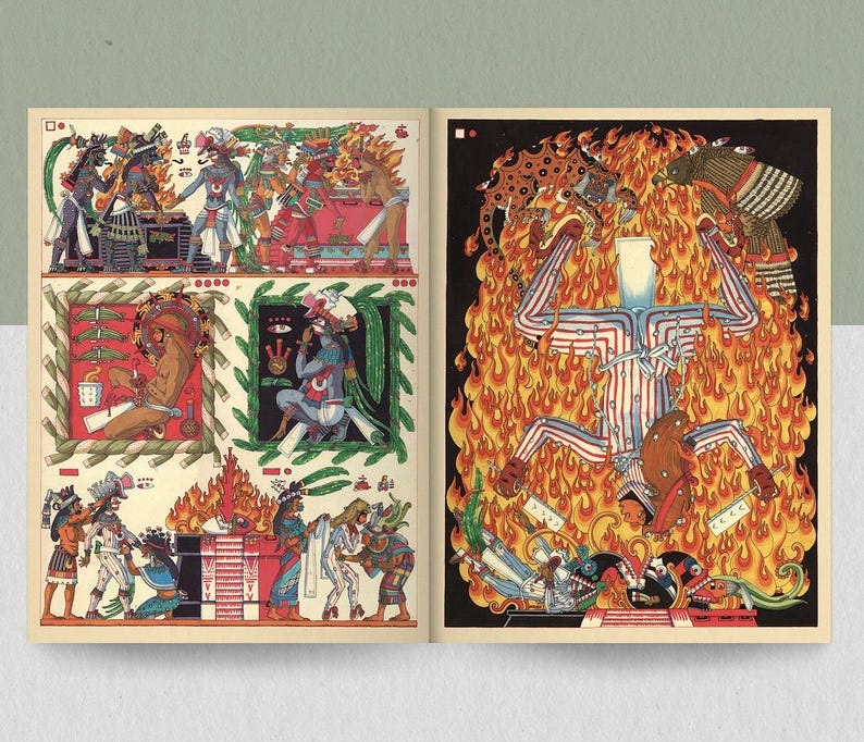 May include: Two-page spread featuring colorful illustrations with a historical or mythological theme. The left page has four framed images with figures in various scenes. The right page depicts a figure engulfed in flames, with a striped suit and a blank face.