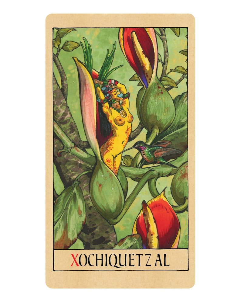 May include: A rectangular tarot card featuring a yellow figure adorned with traditional headwear emerging from a large green and red flower bud. A small hummingbird hovers nearby amidst green foliage. The text XOCHIQUETZAL is printed at the bottom.