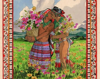 Xochihua, Flower Gatherers, trans Love, Mexica Aztec Traditional Queer Art, trans woman, two spirit