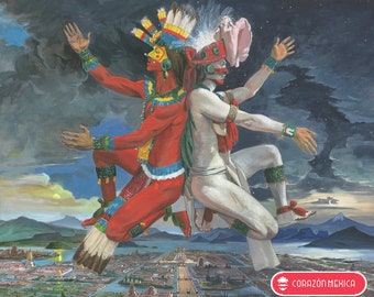 Pode incluir: Uma representação artística de duas figuras em trajes astecas tradicionais, uma em vermelho e outra em branco, com elaborados cocares e pintura corporal. Estão posicionadas costas com costas, com os braços estendidos, sobre uma paisagem urbana detalhada e sob um céu dramático.