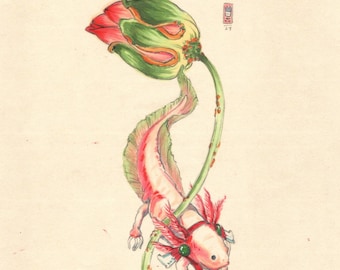 May include: A pink axolotl with green eyes and a red flower on its head is holding a brown and gold gear. The axolotl is surrounded by green leaves.