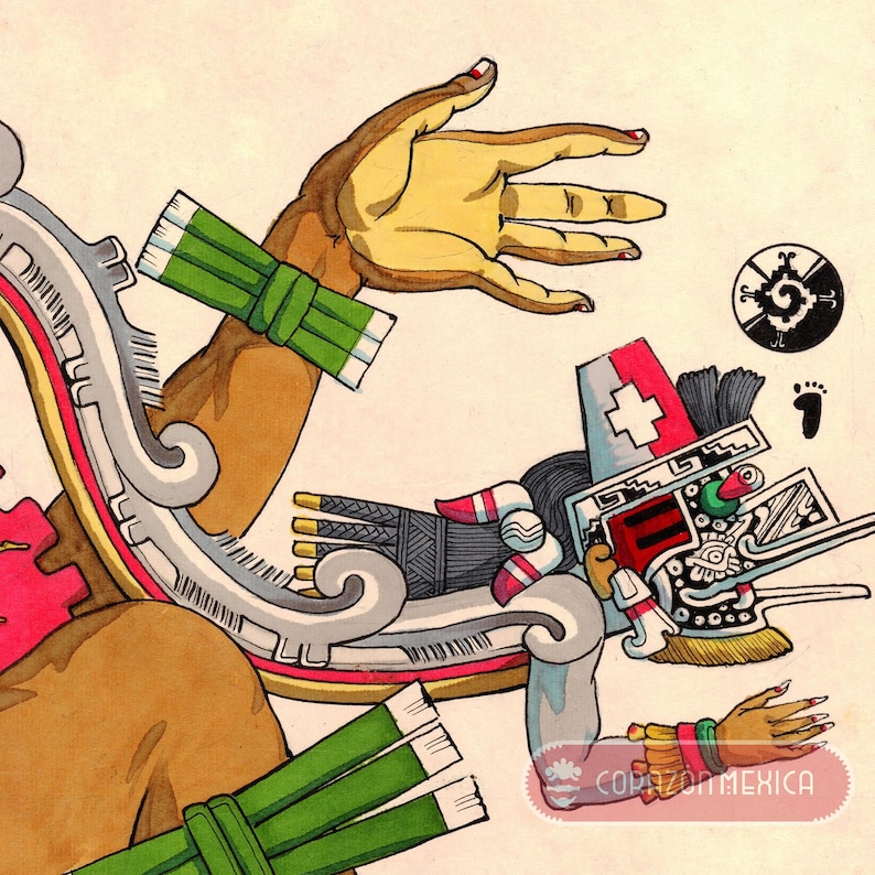 Puede incluir: Una ilustraci&oacute;n colorida de una deidad con una mano grande y extendida, que lleva un tocado verde y blanco. La deidad est&aacute; representada con una m&aacute;scara facial roja y blanca y un tocado negro y blanco. La ilustraci&oacute;n est&aacute; sobre un fondo beige claro.