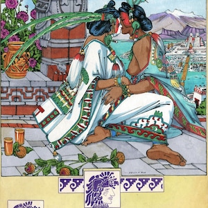 Puede incluir: Dos mujeres con vestimenta tradicional azteca se besan. Est&aacute;n sentadas en una plataforma de piedra con vista a una ciudad en el fondo. La mujer de la izquierda lleva una t&uacute;nica blanca con ribetes verdes y rojos. La mujer de la derecha lleva una t&uacute;nica azul con ribetes rojos y verdes. Ambas mujeres tienen cabello negro y llevan tocados elaborados.