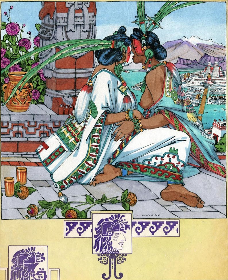 Puede incluir: Dos mujeres con vestimenta tradicional azteca se besan. Est&aacute;n sentadas en una plataforma de piedra con vista a una ciudad en el fondo. La mujer de la izquierda lleva una t&uacute;nica blanca con ribetes verdes y rojos. La mujer de la derecha lleva una t&uacute;nica azul con ribetes rojos y verdes. Ambas mujeres tienen cabello negro y llevan tocados elaborados.