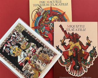 La Naissance de la Mort + La Naissance du Cinquième Soleil – livres de mythologie mexica, Mictlantecuhtli, art mésoaméricain