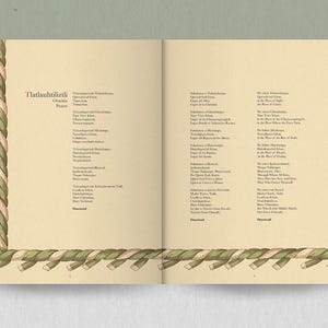 May include: An open book with pages featuring text in multiple languages. The pages have a cream-colored background with a decorative border of green and tan rope. The text is in a serif font, with the title "Tlatlauhtiliztli" at the top of the left page.