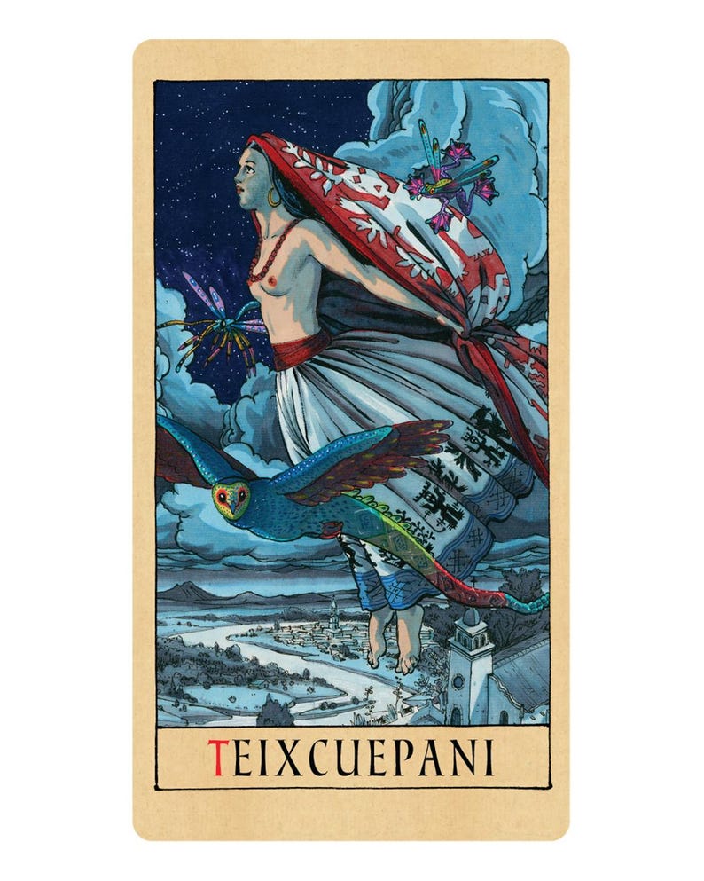 May include: A rectangular tarot card featuring a figure with long dark hair, wearing a red and white patterned shawl, flying over a landscape with a river and buildings. A blue owl flies below the figure. The text TEIXCUEPANI is printed at the bottom.