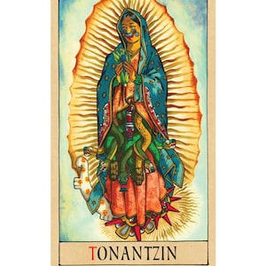 May include: A rectangular card featuring a colourful illustration of a figure draped in a blue cloak with star patterns, holding corn, surrounded by green snakes and a golden sunburst. The word TONANTZIN is printed in black at the bottom of the card.