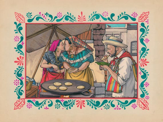 Las Pupuseras- a queer, lesbian painting of Salvadoran women. gay, watercolor, art, Indigenous, Two-Spirit, LGBTQ, QueerPOC