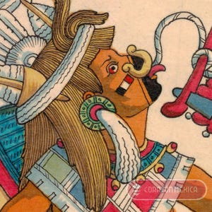 May include: A colorful illustration of a Mayan deity with a large headdress, a long, flowing beard, and a large, round earring. The deity is depicted with a large, open mouth and a long, white tongue. The deity is wearing a necklace and a large, ornate headdress. The illustration is set against a white background.