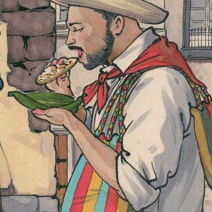 May include: Watercolor illustration of a man eating a small, round food item from a green leaf. He wears a straw hat, red scarf, and a colorful striped bag. The image has a vintage feel.