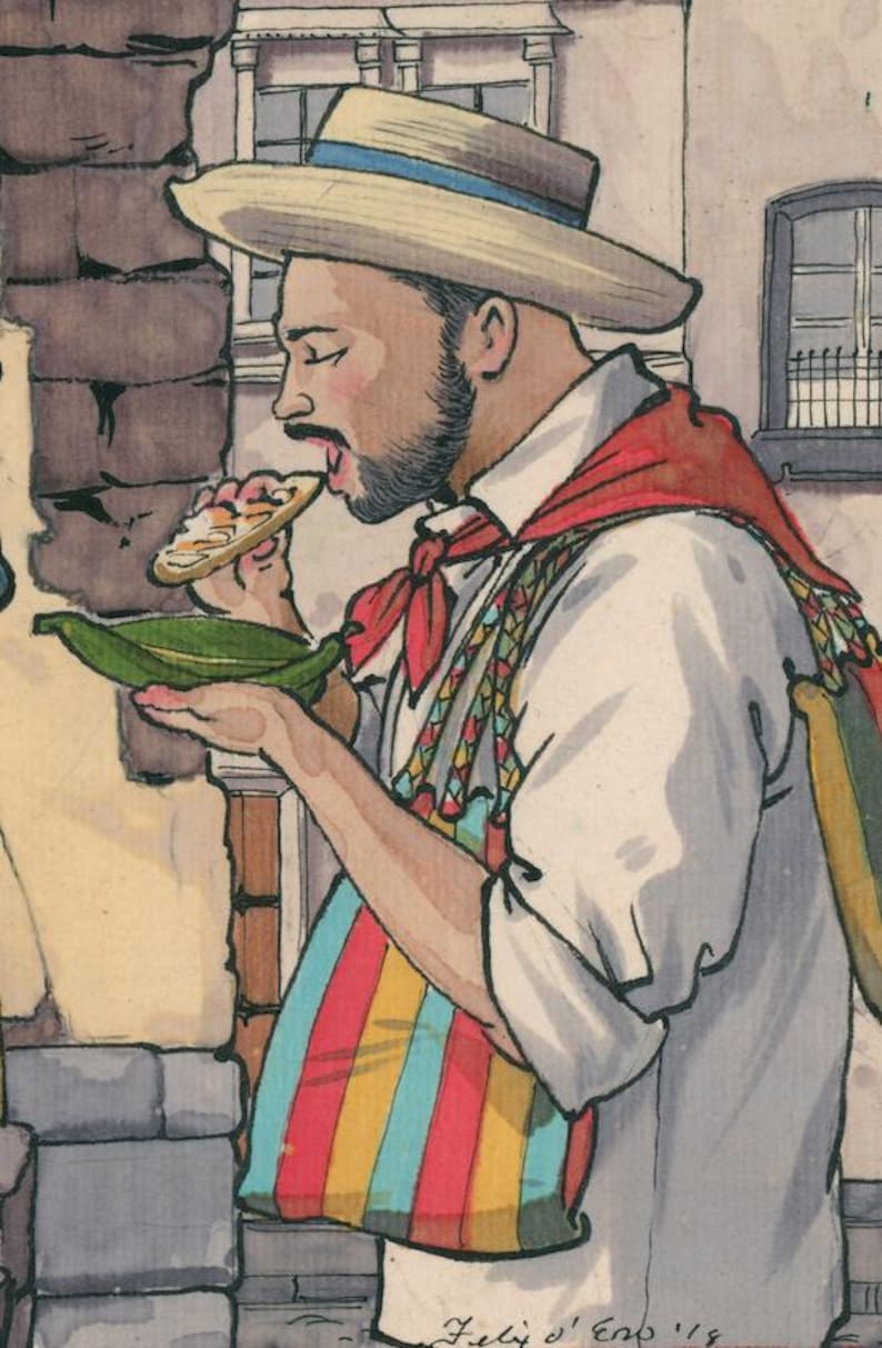 May include: Watercolor illustration of a man eating a small, round food item from a green leaf. He wears a straw hat, red scarf, and a colorful striped bag. The image has a vintage feel.