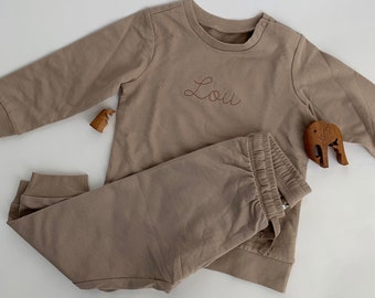 Custom Toddler Embroidered Set | Sweater & Jogger Set| 100% Organic Cotton | Chainstitch or Handwriting Font | Beige and Sage Green Sweaters