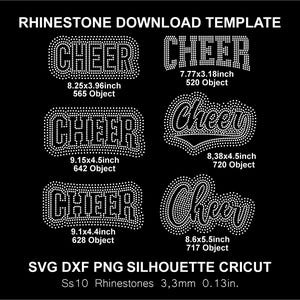 May include: Black graphic with rhinestone templates of the word "CHEER" in various fonts and sizes. Includes measurements in inches and the number of objects. The text "RHINESTONE DOWNLOAD TEMPLATE" and "SVG DXF PNG SILHOUETTE CRICUT" are also present.