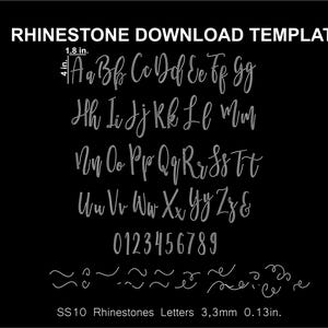 May include: A black and white image showing a rhinestone alphabet template with uppercase and lowercase letters, numbers, and symbols. The template is for SS10 rhinestones, which are 3.3mm or 0.13 inches in size.